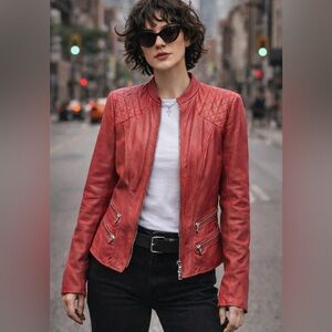 Danier Coral Red Leather Moto Jacket Small
